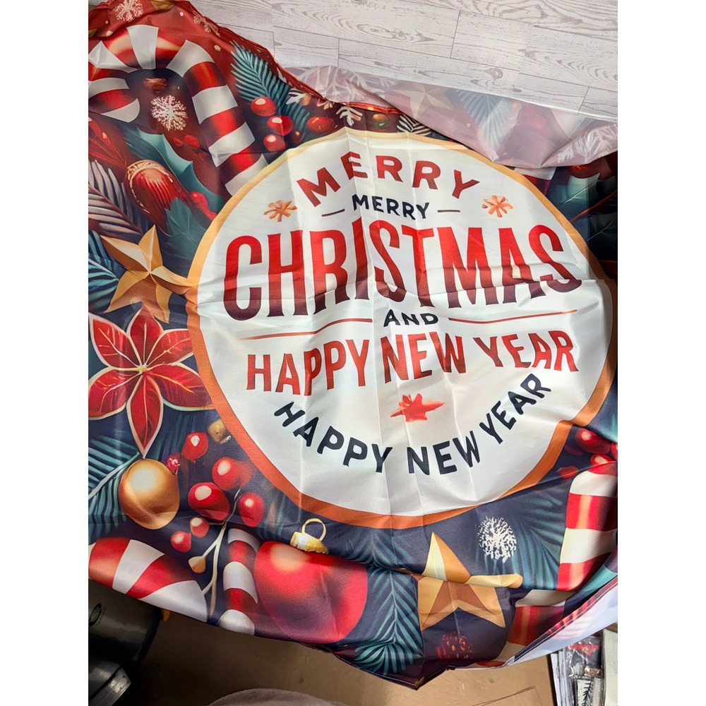 Merry Christmas Happy New Year 70"x40" Holiday Banner Backdrop Grommets and Ties
